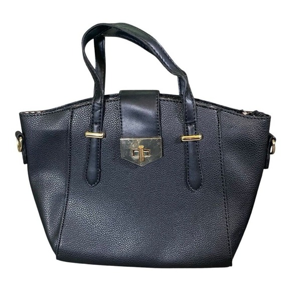 Satchel Handbag Black Faux Leather Gold‎ Accent Small Purse - Picture 1 of 16